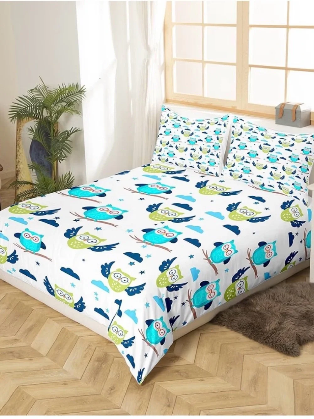 Owl Pattern Kids Duvet Cover Set in Blue & Green - twin 001